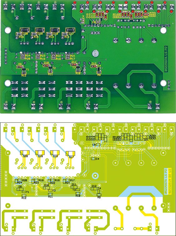 Ansicht der fertig bestückten Grundplatine des Schaltinterfaces mit zugehörigem Bestückungsplan von der Lötseite