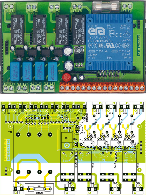 Ansicht der fertig bestückten Grundplatine des Schaltinterfaces mit zugehörigem Bestückungsplan von der Bestückungsseite