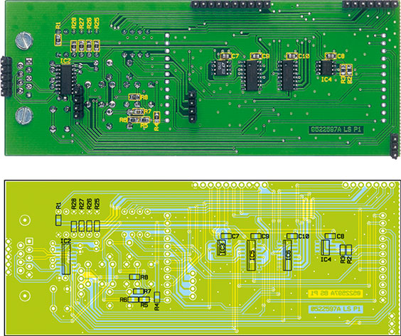 Ansicht der fertig bestückten Displayplatine des Schaltinterfaces mit zugehörigem Bestückungsplan, oben von der Bestückungsseite, unten von der Lötseite