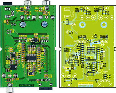 Ansicht der fertig bestückten Platine des Audio-D/A-Wandlers mit zugehörigem Bestückungsdruck, oben von der Bestückungsseite, unten von der Lötseite