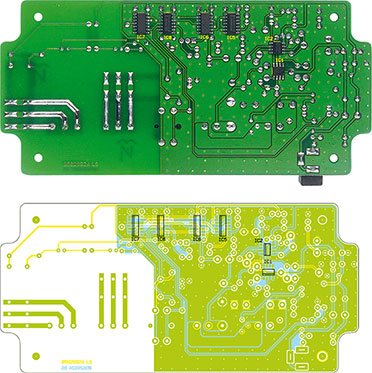 Ansicht der fertig bestückten Platine des Motorschutz-Schalters mit zugehörigem Bestückungsplan von der Lötseite