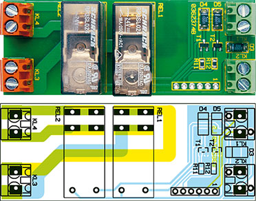 Ansicht der fertig bestückten Grundplatine des HS485 S/RS mit zugehörigem Bestückungsplan