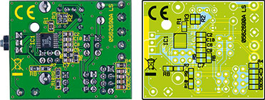 Ansicht der fertig bestückten Platine des Lademoduls mit zugehörigem Bestückungsdruck, oben von der Bestückungsseite, unten von der Lötseite (SMD-Seite)