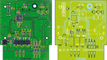 Ansicht der fertig bestückten Platine des RGB 300 mit zugehörigem Bestückungsplan, oben von der Bestückungsseite, unten von der Lötseite