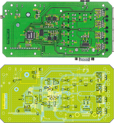 Ansicht der fertig bestückten Platine der Schieblehrenanzeige mit zugehörigem Bestückungsplan von der Lötseite