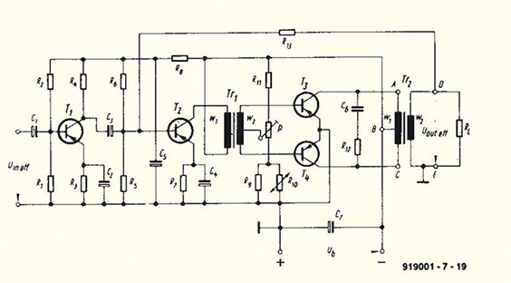 Bild 5: Schaltbild einer der ersten kommerziellen Transistorendstufen von Telefunken 1964 (Quelle: Elektor)