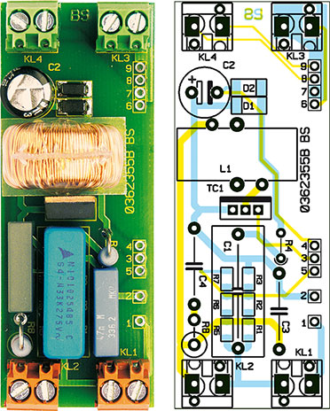 Ansicht der fertig bestückten Basisplatine des HS485 D mit zugehörigem Bestückungsplan