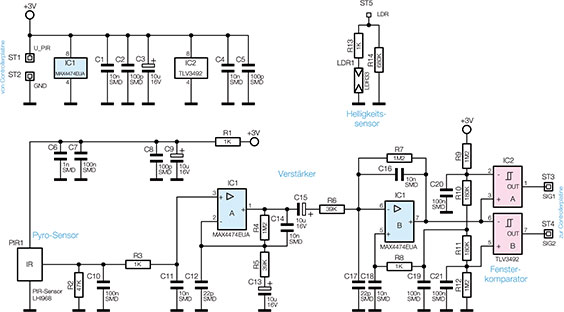 Bild 1: Schaltbild der Sensorplatine des Funk-Bewegungsmelders FS20 PIRA