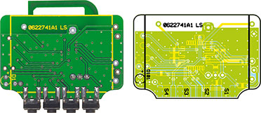 Ansicht der fertig bestückten Controllerplatine des FS20 PIRA mit zugehörigem Bestückungsplan, oben von der Bestückungsseite, unten von der Lötseite