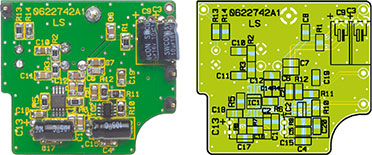 Ansicht der fertig bestückten Sensorplatine des FS20 PIRA mit zugehörigem Bestückungsplan, oben von der Bestückungsseite, unten von der Lötseite