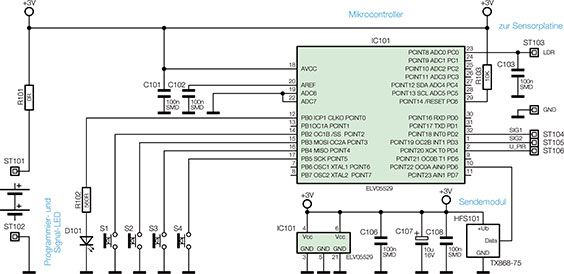 Bild 3: Schaltbild der Controllerplatine des Funk-Bewegungsmelders FS20 PIRA