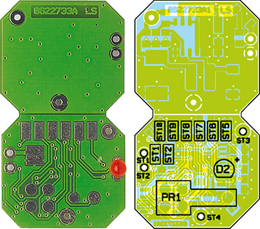 Ansicht der fertig bestückten Platine des I/O-Moduls mit zugehörigem Bestückungsplan, links von der Bestückungsseite, rechts von der Lötseite