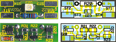 Ansicht der fertig bestückten Tasterplatine des Türklingel-Multiplexers mit zugehörigem Bestückungsplan, oben von der Bestückungsseite, unten von der Lötseite