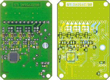 Ansicht der fertig bestückten Basisplatine des Türklingel-Multiplexers mit zugehörigem Bestückungsplan, oben von der Bestückungsseite, unten von der Lötseite