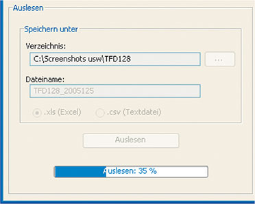 Bild 4: Der Fortschritt des Auslesens wird angezeigt, oben sind bereits Speicherort und Dateiname sowie Datenformat festgelegt.