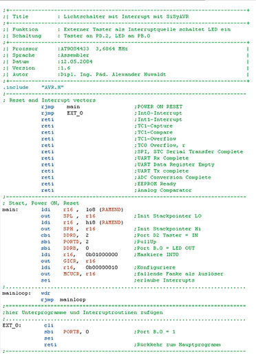 Bild 35: Unser Beispielprogramm für die Nutzung von INT0 als Interrupt-Quelle