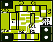 Ansicht der fertig bestückten Platine der LPS 1 mit zugehörigem Bestückungsplan (vergrößerte Darstellung, Originalabmessungen: 14 x 11 mm)