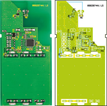 Ansicht der fertig bestückten Platine der Fernbedienung für Kameras mit zugehörigem Bestückungsplan, oben von der Bestückungsseite, unten von der Lötseite