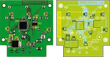 Ansicht der fertig bestückten Platine des Mondlicht-Dimmers mit zugehörigem Bestückungsplan, oben von der Bestückungsseite, unten von der Lötseite