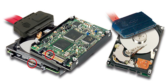 Bild 5: Hier erkennt man gut die SAS-Schnittstelle mit ihrem doppelseitig belegten Steg, rechts zum Vergleich die SATA-Schnittstelle.  Bild: Fujitsu/Seagate