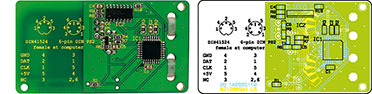 Ansicht der fertig bestückten Platine des FS20 SPC mit zugehörigem Bestückungsplan, die oberen beiden von der Bestückungsseite, die unteren beiden von der Lötseite