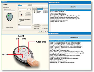 Bild 9: Per Makro-Programmierung kann der kleine Schlüsselbundsender FS20 S4 komplexe Funktionen auslösen. Das Feierabend-Makro verbirgt sich hinter der Taste „18:30“, das Alles-aus-Makro wird durch die daneben liegende Taste aktiviert.