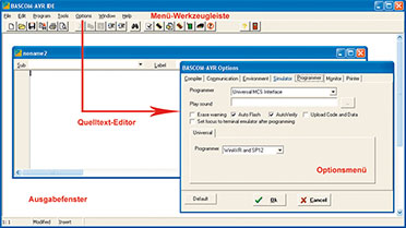 Bild 55: Die Oberfläche von BASCOM, hier mit geöffnetem „Options“-Fenster mit den myAVR-Einstellungen