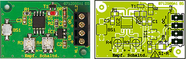 Ansicht der fertig bestücken Platine des Mini-Erschütterungssensors mit zugehörigem Bestückungsplan