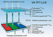 Bild 10: Beim Vertical-Aligned-LCD-Typ sind die Flüssigkristalle zwischen den spannungslosen Elektroden senkrecht zu ihnen ausgerichtet. (Quelle: Merck KGaA)