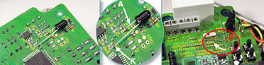 Bild 14: Der Funk-Regensensor FS20 SR erfordert neben dem gezeigten Einlöten der Fotodiode auf der Platinenunterseite auch das rechts gezeigte „Umlegen“ einer Drahtbrücke.