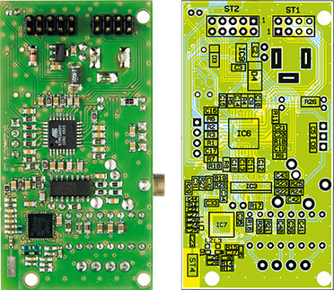 Vollständig bestückte Basisplatine (links unten die SMD-Seite und links oben die Seite der konventionellen Bauteile  mit den zugehörigen Bestückungsplänen)