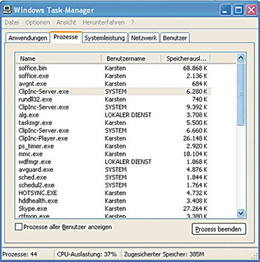 Bild 10: Mit der Tastenkombination Strg-Alt-Entf wird der Taskmanager aufgerufen, in dem die aktiven Streams sicht- und löschbar sind.