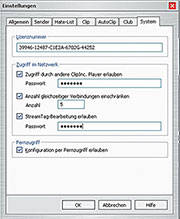 Bild 4: Hier findet man die Lizenznummer (bei Pro-Version) und alle Einstellmöglichkeiten für die Verwendung von ClipInc im lokalen Netz.