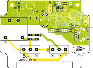 Ansicht der fertig bestückten Platine des IPS 1 mit zugehörigem Bestückungsplan, oben von der Bestückungsseite, unten von der Lötseite