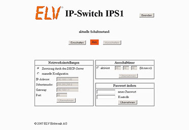 Bild 2: Die Webseite des IPS 1 mit Konfigurationseinstellungen, Timer-Einstellfeld und Passwortvergabe