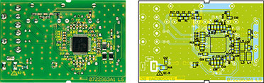 Platinenfoto des Stereo-Infrarot-Empfängers mit zugehörigem Bestückungsdruck, links von der Platinenoberseite, rechts von der SMD-Seite