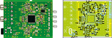 Platinenfoto des Stereo-Infrarot-Senders mit zugehörigem Bestückungsdruck, links von der Platinenoberseite, rechts von der SMD-Seite