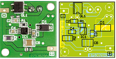 Ansicht der fertig bestückten Platine des Adapters für Power-LEDs mit zugehörigem Bestückungsplan, links von der Bestückungsseite, rechts von der Lötseite