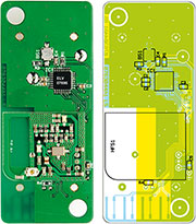 Ansicht der fertig bestückten Platine des Erschütterungs-Sensors ES1 mit zugehörigem Bestückungsplan, oben von der Bestückungsseite, unten von der Lötseite