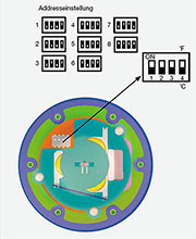 Bild 1: DIP-Schalter zur Adresseinstellung und zur Auswahl der Anzeigeeinheit (°C oder °F)
