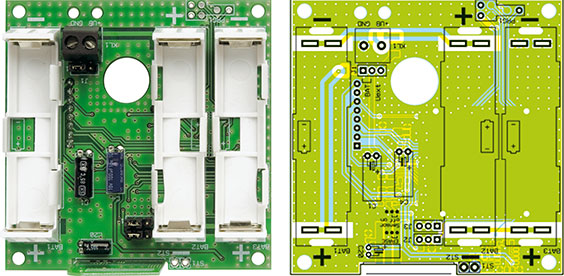 Ansicht der fertig bestückten Basisplatine des KM300 TI mit zugehörigem Bestückungsplan von der Oberseite (oben) und von der Unterseite (unten)