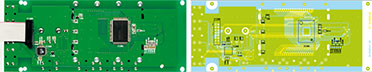 Ansicht der fertig bestückten Frontplatine von der Unterseite (SMD-Bestückung) mit zugehörigem Bestückungsplan