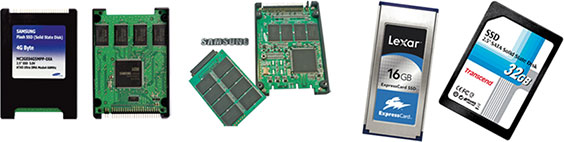 Bild 14: Solid State Discs haben eine große Zukunft als Ersatz für die Festplatte vor sich. In tragbaren und lautlosen Systemen werden sie bald Standard sein. (Bilder: 2 x Samsung, Lexar, Transcend)