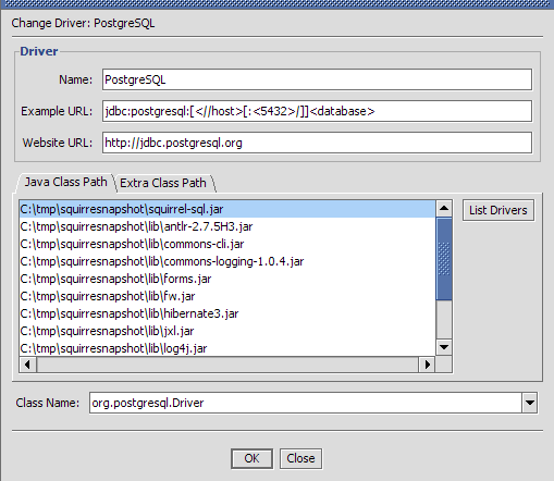 Change Driver dialog (Java Class Path tab)