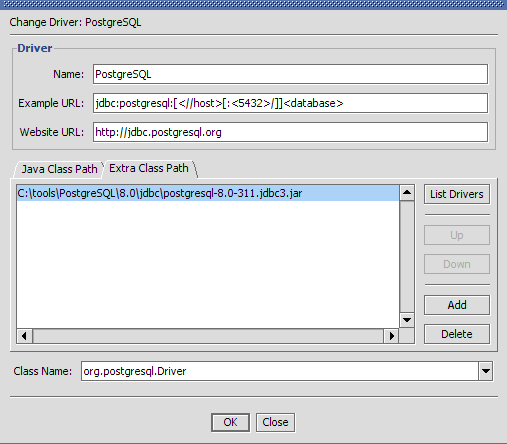 Change Driver dialog (Extra Class Path tab)